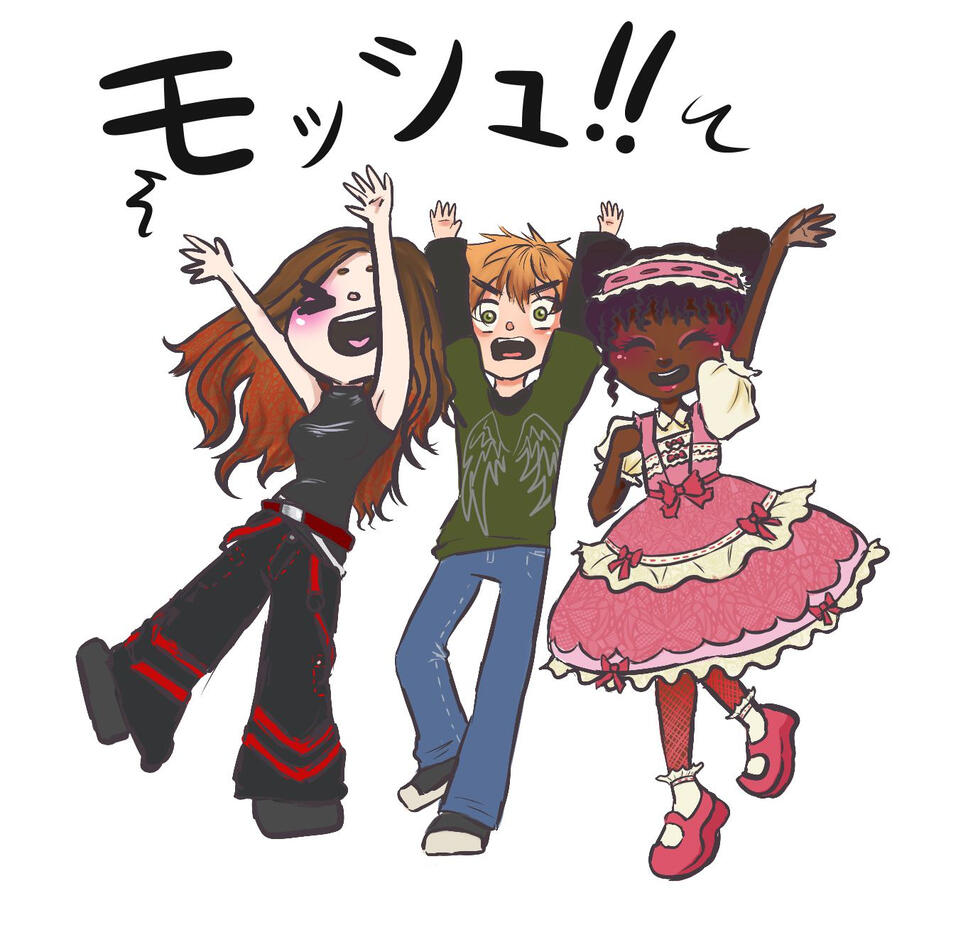 Chibi illustration of visual kei fans moshing! Available in several designs on my linked Rebubble store https://www.redbubble.com/i/sticker/MOSSHU-by-PrinceHarlequin/161533945.EJUG5